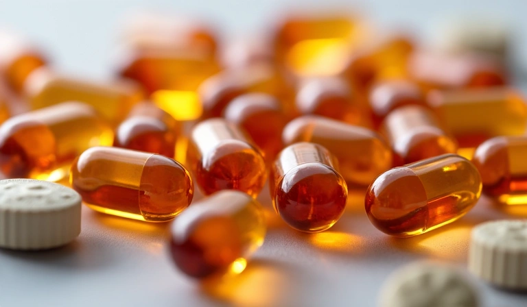 Close-up of various B-vitamins in capsule form, indicating energy and health.