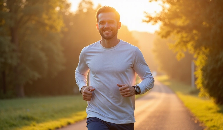 Healthy man jogging outdoors, symbolizing energy and an active lifestyle.