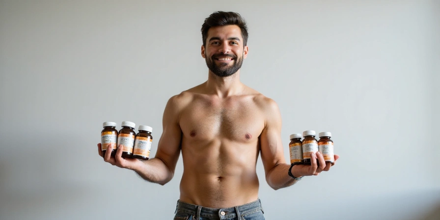 Isang malakas at malusog na lalaki na may hawak na iba't ibang bote ng bitamina, nagpapahiwatig ng kalusugan at sigla