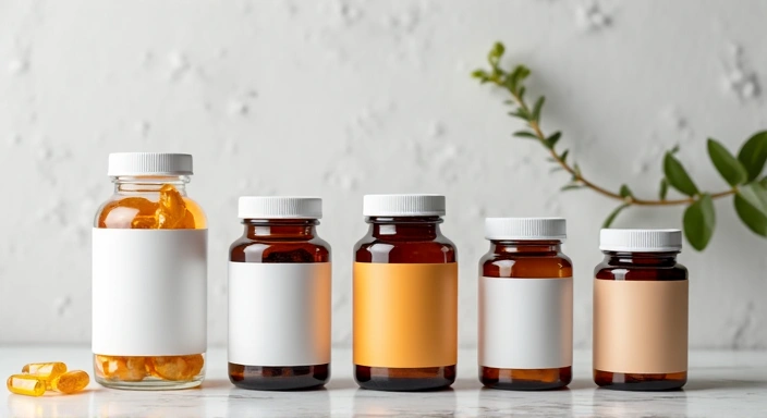 Isang makinis na larawan ng iba't ibang bote ng bitamina na inilatag nang maayos sa isang malinis na ibabaw