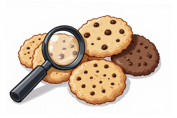 Illustration of various types of cookies, like chocolate chip, oatmeal, and sugar cookies, with a magnifying glass hovering over them, representing data analysis.
