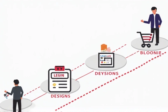 Illustration of a website user's journey, with icons representing different interactions like adding to cart, logging in, and viewing products, all connected by a dotted line, symbolizing how cookies track user experience.