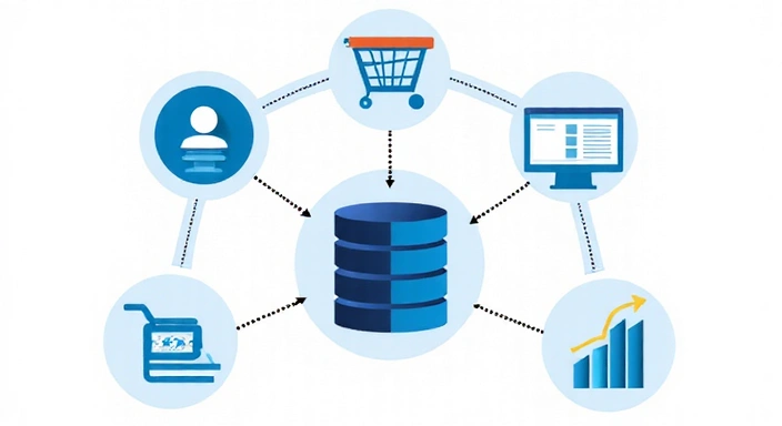 Illustration of various types of data being collected, such as a user profile, shopping cart, and website analytics.