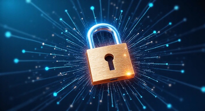 Illustration of data privacy and security, showing a padlock protecting digital information.