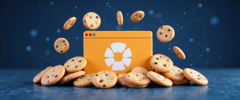 Illustration of web cookies, showing small digital cookies floating around a web browser icon.