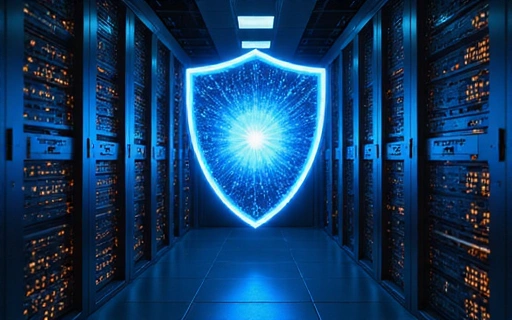 Illustration of data security, showing a guarded server or database with a protective shield icon.