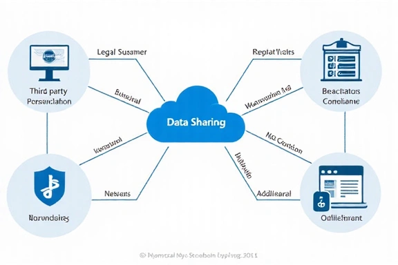 Illustration of data sharing, showing interconnected nodes and symbols representing third-party services and legal compliance.